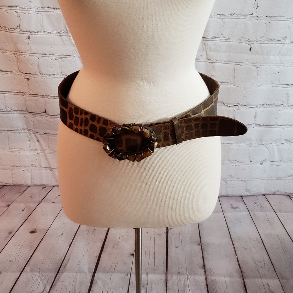 Garuglieri Italy Leather Belt w/ Tiger Eye Buckle Medium Size Brown Gold